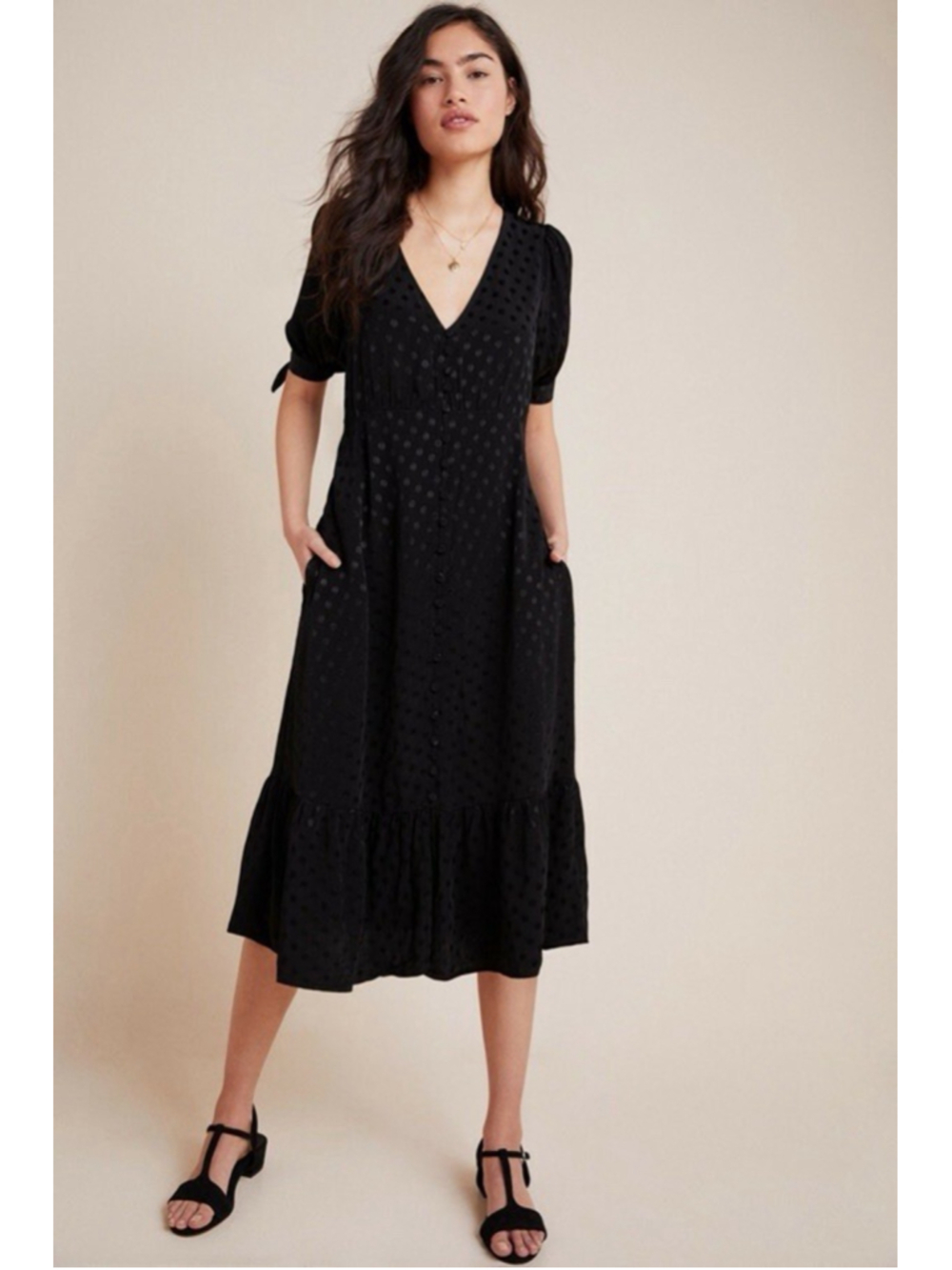 Anthropologie Maeve Eudora Dot Midi Dress Black Size 2 LBD Satin Sheen Button Up
